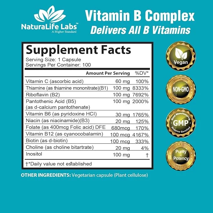 Vitamin B Complex with Vitamin C B12, B1, B1, B2, B2, B3, B3, Vitamin B5 Pantothenic B6, B7, B7, B9 B9 - 100 Veggie