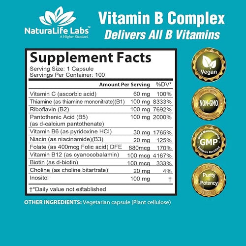 Vitamin B Complex with Vitamin C B12, B1, B1, B2, B2, B3, B3, Vitamin B5 Pantothenic B6, B7, B7, B9 B9 - 100 Veggie