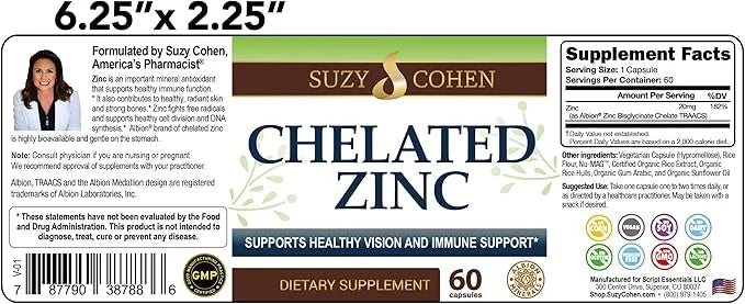 Suzy Cohen Chelated Zinc Supplements 60 Capsules