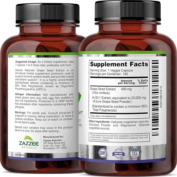 Zazzee High Strength Grape Seed 50:1 20,000 mg 180 Vegan 95% Polyphenols, 6 Month 50X Extract, 400 mg