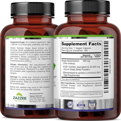 Zazzee High Strength Grape Seed 50:1 20,000 mg 180 Vegan 95% Polyphenols, 6 Month 50X Extract, 400 mg