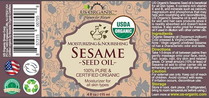 US Organic Sesame Seed Oil, USDA Certified Organic, Untoasted, Unrefined Virgin, 100% Pure & Natural, Cold Pressed, in Amb...