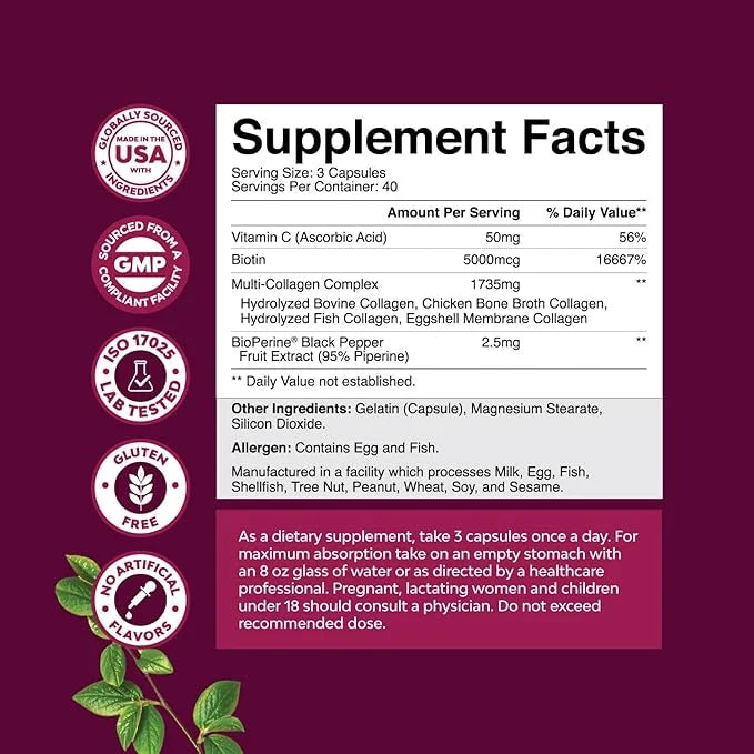 Advanced Multi Collagen Peptides Pills 120ct - Biotin and Collagen Supplement with BioPerine and Hair Skin Nails Vitamins ...