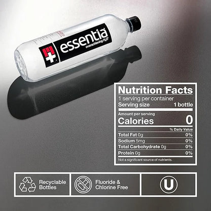 Essentia Water LLC; Ionized Alkaline Bottled Water; 99.9% Pure; 9.5 pH or Higher; Consistent Quality in Every BPA and Phth...