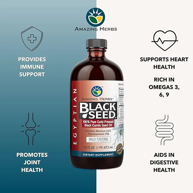 Amazing Herbs Egyptian Black Seed Oil - Gluten Free, Non GMO, Cold Pressed Nigella Sativa Aids in Digestive Health, Immune...