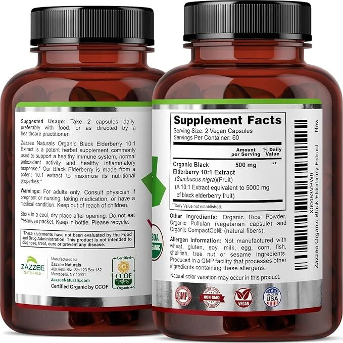 Zazzee USDA Organic Black Elderberry 10:1 5000 mg 120 Vegan 2 Month 10X Extract, 100% Vegetarian,