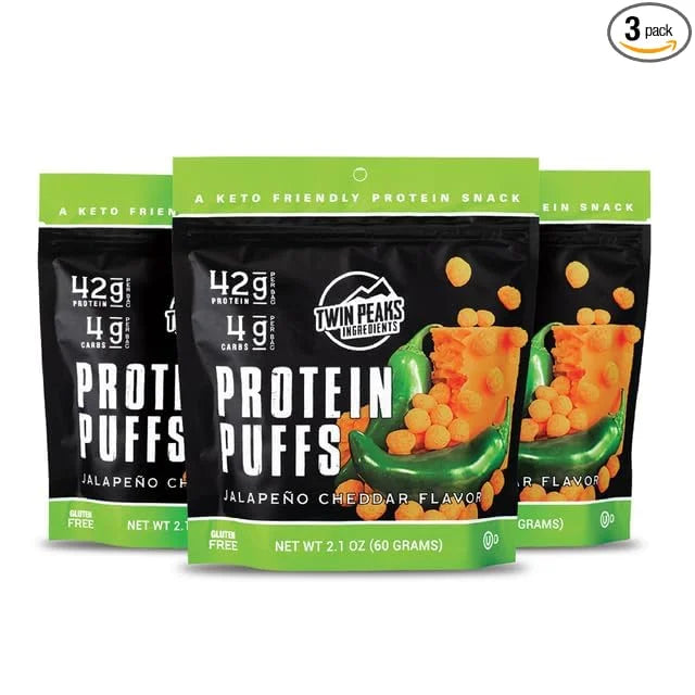 Twin Peaks Low Carb, Keto Friendly Protein Puffs, (Jalapeno Cheddar, 2.1 Ounce), 2 Servings, 3 Pack (60g, 42g Protein, 4g ...