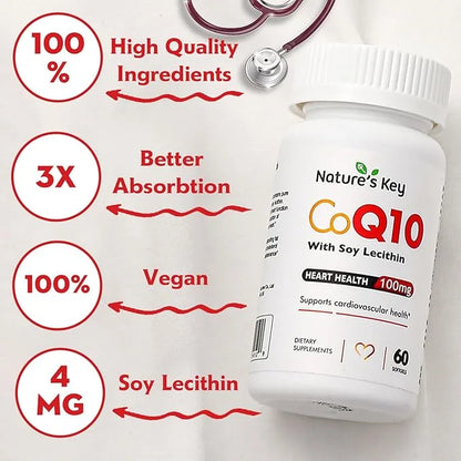 Nature's Key CoQ10 200mg Softgels 3X Better Q10 for 50mg Soy 1 Month Supply(60 Counts)