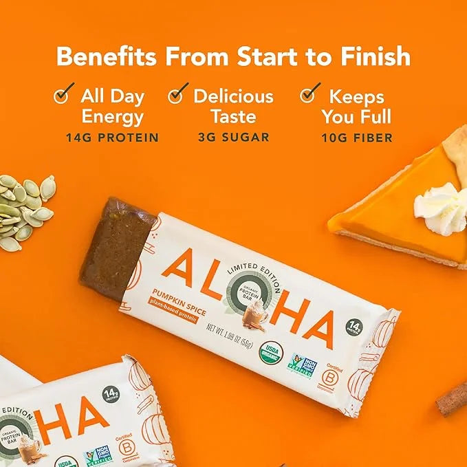ALOHA Organic Plant Based Protein Bars - Pumpkin Spice, Vegan, Low Sugar, Gluten-Free, Low Carb, Non-GMO, No Stevia, No Er...
