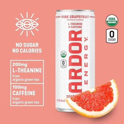 ARDOR ENERGY Sparkling Water Pink Grapefruit 12 pack with 100mg Organic Caffeine from Green Tea & 200mg Organic L-Theanine...