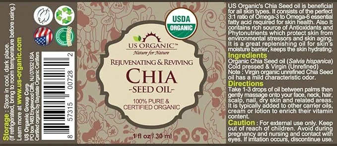 US Organic Chia Seed Oil, Certified Organic, Pure & Natural, Cold Pressed Virgin, Unrefined, Sourced from Paraguay, in Amb...