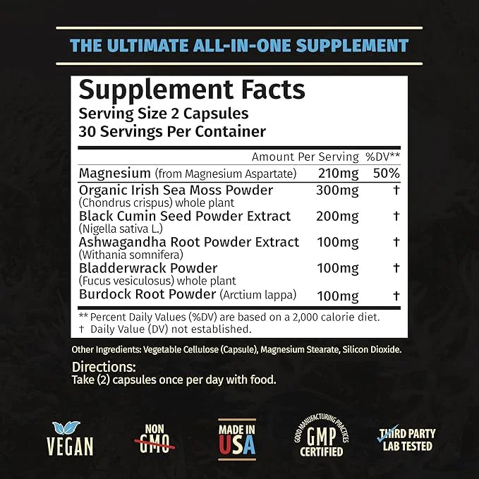Sea Moss Capsules- Irish Sea Moss, Ashwagandha, Black Cumin Seed, Bladderwrack, Burdock Root & Magnesium- Immune Support, ...