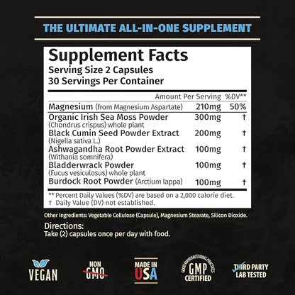 Sea Moss Capsules- Irish Sea Moss, Ashwagandha, Black Cumin Seed, Bladderwrack, Burdock Root & Magnesium- Immune Support, ...