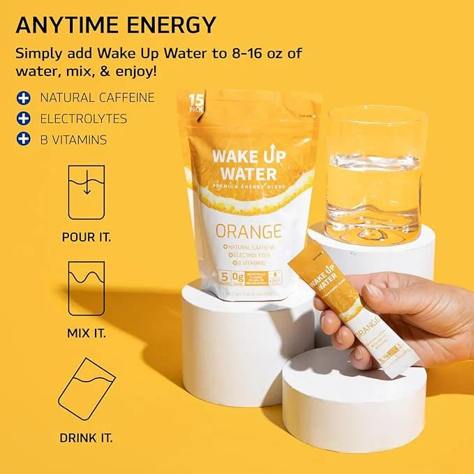 Wake Up Water - Energy + Hydration Sugar Free 15 Packs, Orange Flavor - Energy Drink Powder, Electrolytes Powder Drink, Na...