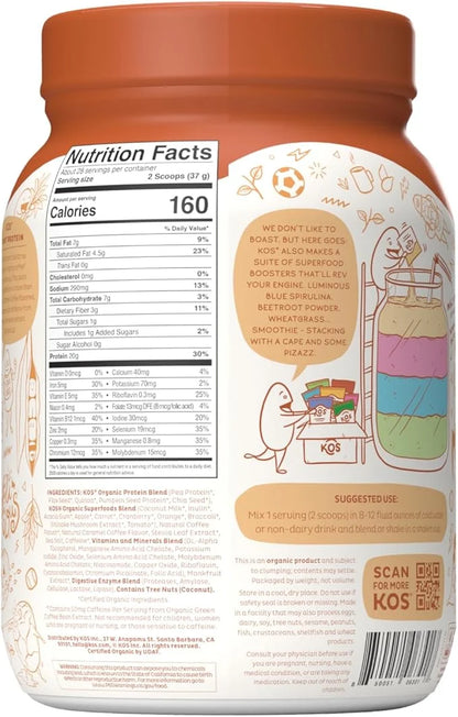 KOS Organic Vegan Protein Powder 50mg Caffeine, 28 Servings