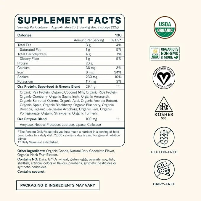 Ora Organic Vegan Protein Powder - 23g Plant Protein for Women and Men - Chocolate Flavor 20 Servings, Bloat-Free, Gluten ...