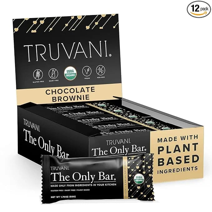 Truvani Plant Based Snack Bars | Chocolate Brownie 12 Pack | 7g Protein | USDA Organic and Vegan | The Only Bar | Dairy, S...