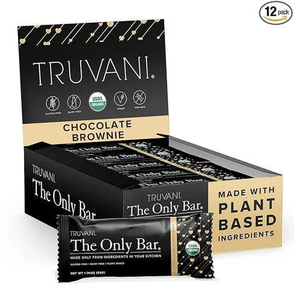 Truvani Plant Based Snack Bars | Chocolate Brownie 12 Pack | 7g Protein | USDA Organic and Vegan | The Only Bar | Dairy, S...