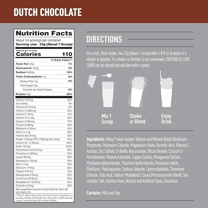 Isopure Low Carb 100% Pure Whey Isolate Protein Powder, Lactose Free, Gluten Free, With Vitamins, Dutch Chocolate, 25g Pro...