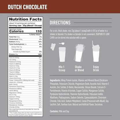 Isopure Low Carb 100% Pure Whey Isolate Protein Powder, Lactose Free, Gluten Free, With Vitamins, Dutch Chocolate, 25g Pro...