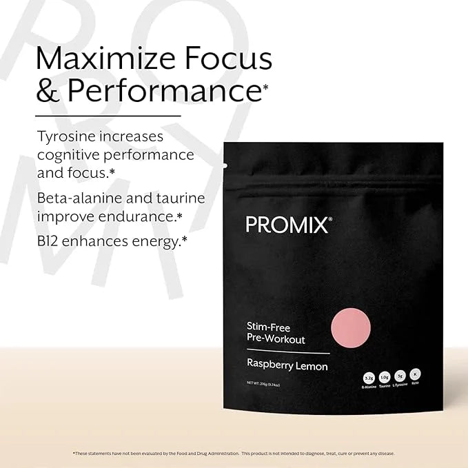 Promix Stim-Free Pre-Workout Powder, Raspberry Lemon 30 Servings, 274g - B12, Taurine,