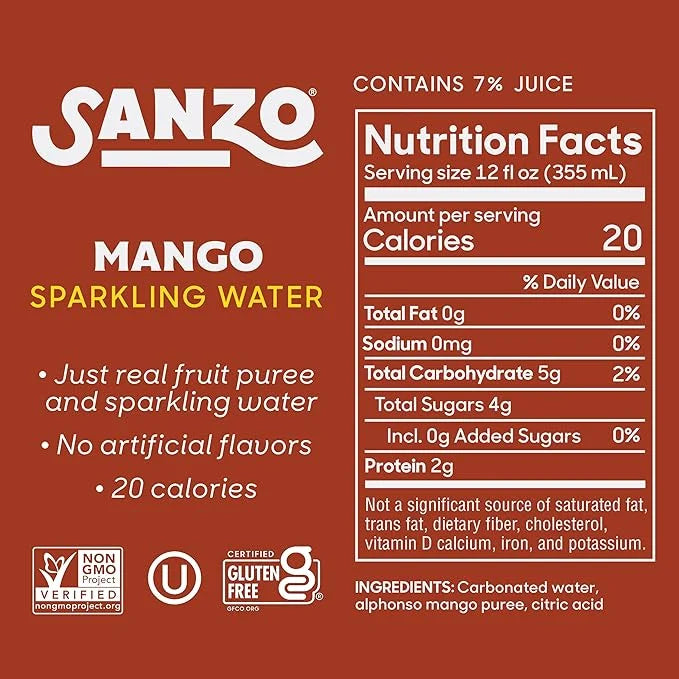 Sanzo Flavored Sparkling Water - Mango (Alphonso), 12-Pack - Carbonated Drink Made with Real Fruit & Sugar-Free - Non-GMO,...