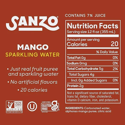 Sanzo Flavored Sparkling Water - Mango (Alphonso), 12-Pack - Carbonated Drink Made with Real Fruit & Sugar-Free - Non-GMO,...