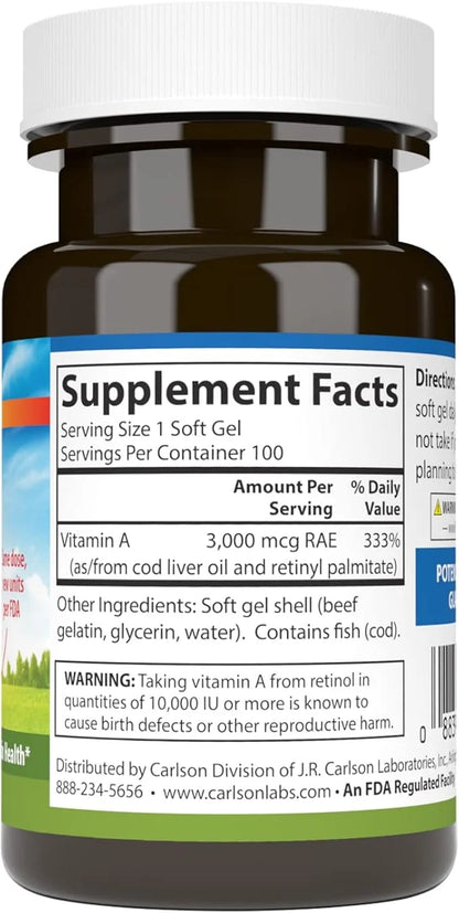 Carlson - Vitamin A, 10000 IU (3000 mcg 100 Softgels