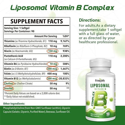 Active B Complex Liposomal B Vitamins 90 Softgels B1, B2, B2, B3, B3, B5, B5, B6, B6, Biotin, B12- Immune,