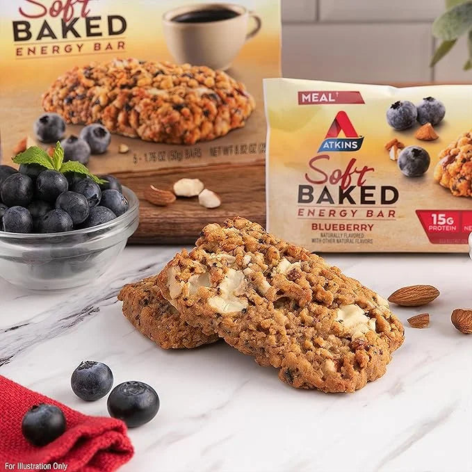 Atkins Soft Baked Energy Bars, Blueberry, 15g Protein,2g Sugar, Excellent Source of Fiber, Low Carb, 4 Packs (5 Bars Each)...