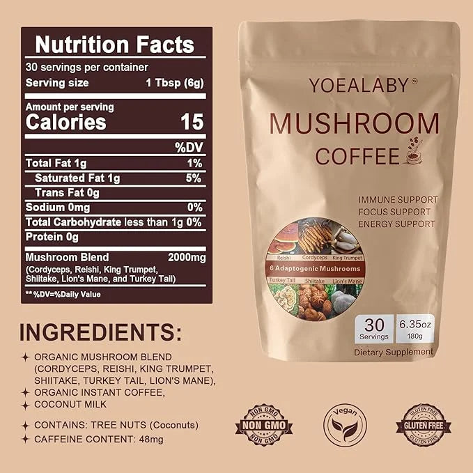 Mushroom Coffee,Organic 6 Adaptogenic Mushrooms Cordyceps, Reishi, Lion's Mane - Enhanced with MCT Oil, Non-GMO Instant Co...