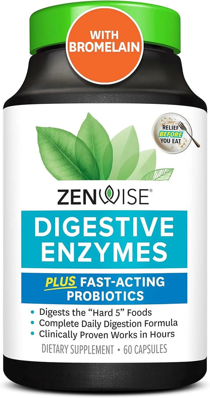 Zenwise Health Digestive Enzymes and Bromelain for Gut Health - Probiotic Multi Enzymes with Prebiotics and Probiotics for...