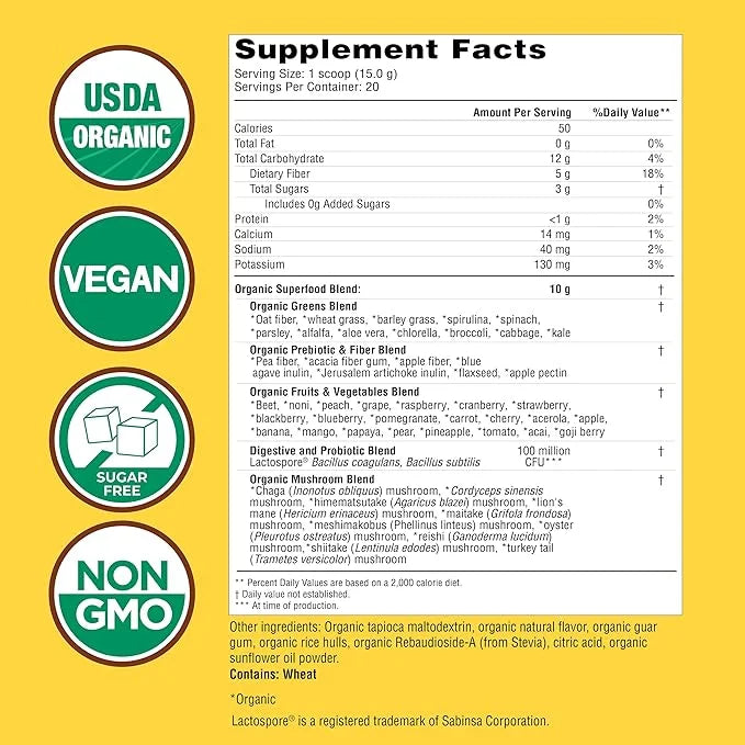 COUNTRY FARMS Organic Super Greens Apple Banana Flavor, 50 Organic Super Foods, Packed with Fiber, USDA Organic Drink Mix,...