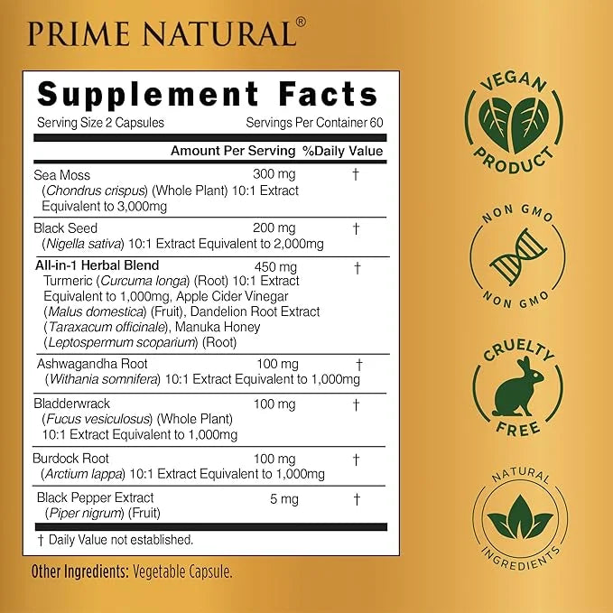 Sea Moss 3000mg Black Seed Oil 2000mg Ashwagandha 1000mg Turmeric 1000mg Bladderwrack 1000mg Burdock 1000mg Manuka 120 Cap...