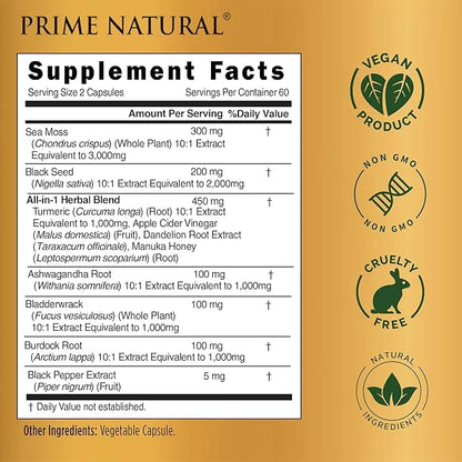 Sea Moss 3000mg Black Seed Oil 2000mg Ashwagandha 1000mg Turmeric 1000mg Bladderwrack 1000mg Burdock 1000mg Manuka 120 Cap...