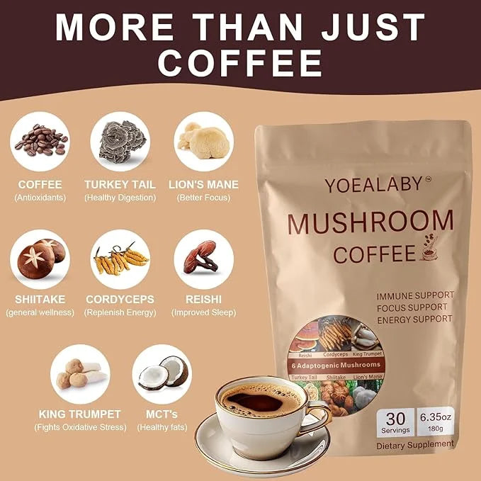 Mushroom Coffee,Organic 6 Adaptogenic Mushrooms Cordyceps, Reishi, Lion's Mane - Enhanced with MCT Oil, Non-GMO Instant Co...