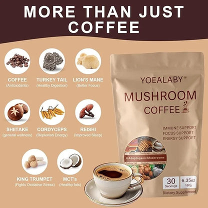 Mushroom Coffee,Organic 6 Adaptogenic Mushrooms Cordyceps, Reishi, Lion's Mane - Enhanced with MCT Oil, Non-GMO Instant Co...