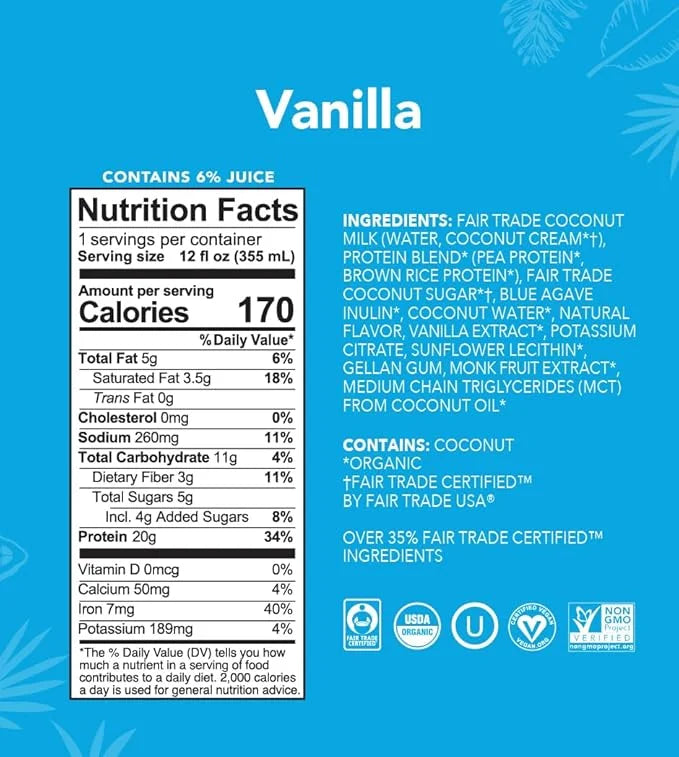 ALOHA Organic Plant Based Vanilla Ready to Drink Protein Shake w/MCT Oil (12 ct, 12oz Bottle) 20g Protein, Meal Replacemen...