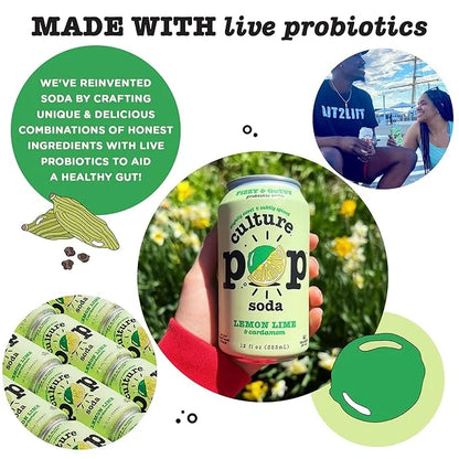 Culture Pop Soda, Lemon Lime, Probiotic Low Sugar Soda, Sparkling Juice Alternative, Non-GMO, Kosher, Gluten-Free, No Stev...