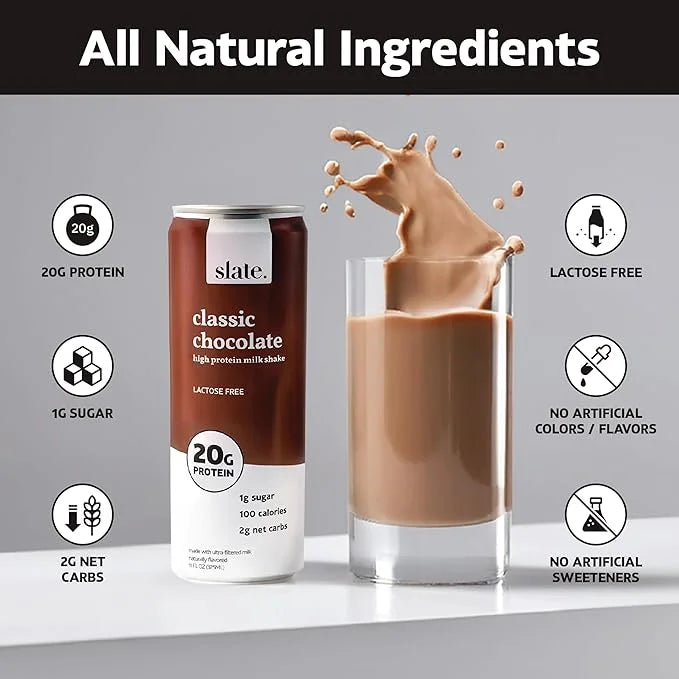 Slate Milk - High Protein Milk Shake - Classic Chocolate - Lactose Free, 20g Protein, 1g Sugar, 100 Calories, 2g Net Carbs...