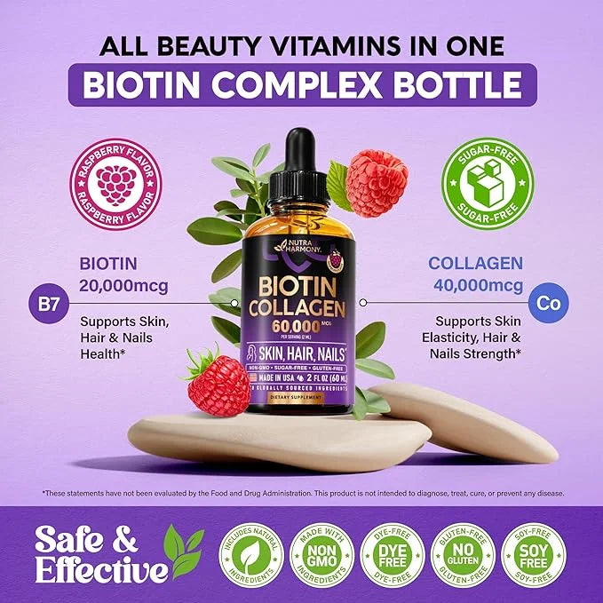 Liquid Biotin & Collagen - Vitamins for Hair Growth Support for Women & Men - Extra Strength 60000 mcg Drops - B7 Suppleme...
