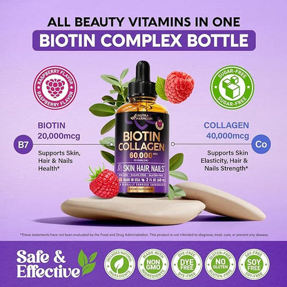 Liquid Biotin & Collagen - Vitamins for Hair Growth Support for Women & Men - Extra Strength 60000 mcg Drops - B7 Suppleme...