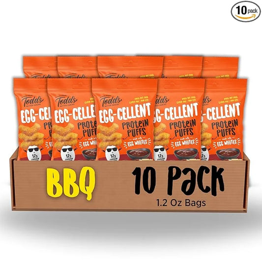 Todd's Better Snacks Egg-Cellent Protein Puffs, Sweet & Smoky BBQ, 1.2 Oz (Pack of 10), Made with Egg Whites, 12g Protein,...