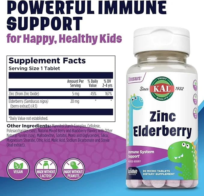 KAL Kids Zinc Elderberry Dinosaurs, Immune 90 Servings, 90 Micro