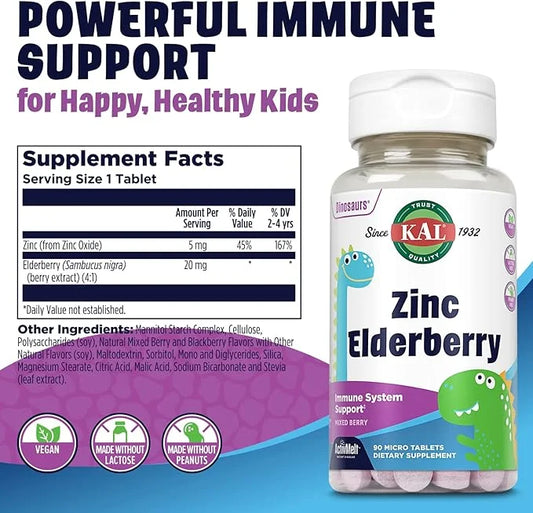 KAL Kids Zinc Elderberry Dinosaurs, Immune 90 Servings, 90 Micro