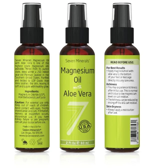 Magnesium Oil Spray with Aloe Vera - Less Itchy - Use as Magnesium Spray Deodorant - Made in USA - Get Healthy Hair & Skin...