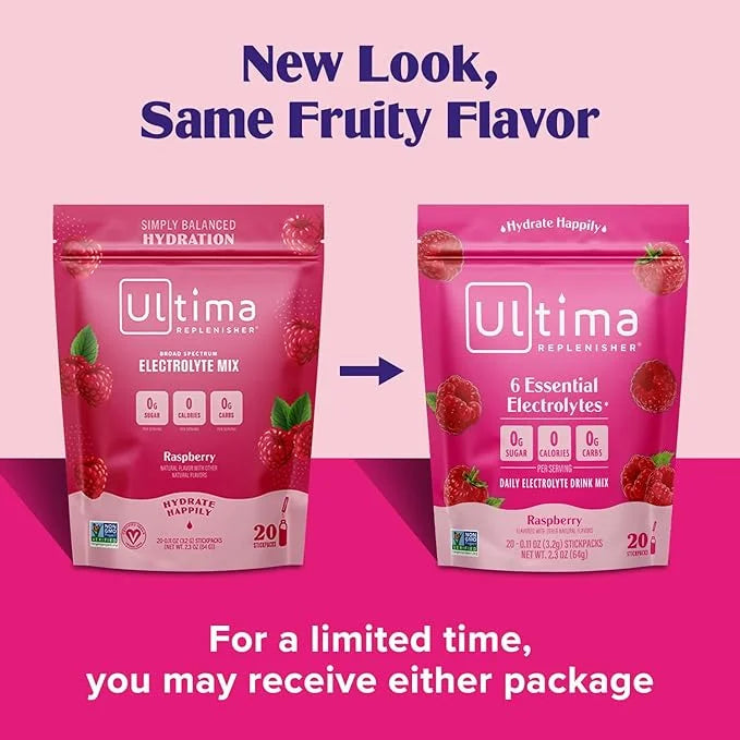 Ultima Replenisher Daily Electrolyte Powder Drink Mix – Raspberry, 20 Stickpacks – Hydration Packets with 6 Key Electrolyt...
