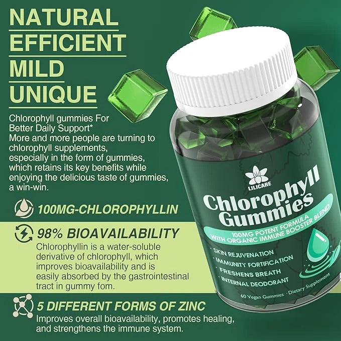 Sugar Free Chlorophyll Gummies - with Unfiltered ACV, Sea Moss & Elderberry, Echinacea, Vitamin D3, C, E, B12 - Natural De...