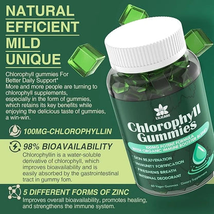 Sugar Free Chlorophyll Gummies - with Unfiltered ACV, Sea Moss & Elderberry, Echinacea, Vitamin D3, C, E, B12 - Natural De...