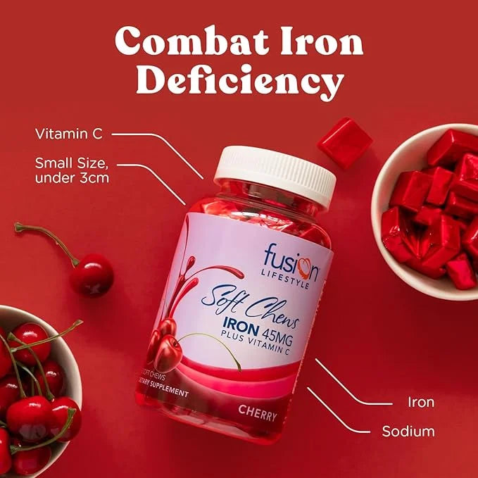 Chewable Iron Supplement for Women & Men - Cherry Flavor, Iron Vitamin C Soft Chew for Max Absorption, Iron as Ferrous Fum...